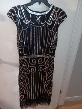 Black Sequin Art Deco Fringe Dress - Elegant Evening